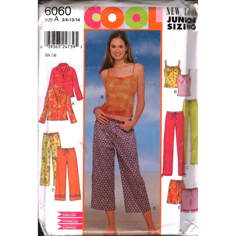New Look 6060 Junior Pajamas Top Camisole Pants Shorts Sewing Pattern 3/4-13/14